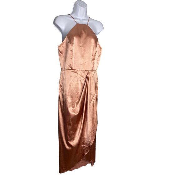 After Six Womens Halter Midi Stretch Draped Tulip Satin Gown Dessert Rose SZ 10 - Picture 4 of 9